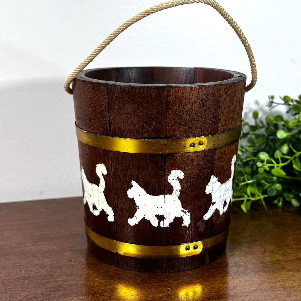 Vintage Wooden Firkin Bucket Cat Motif Brass Bands Hanging Primitive Decor